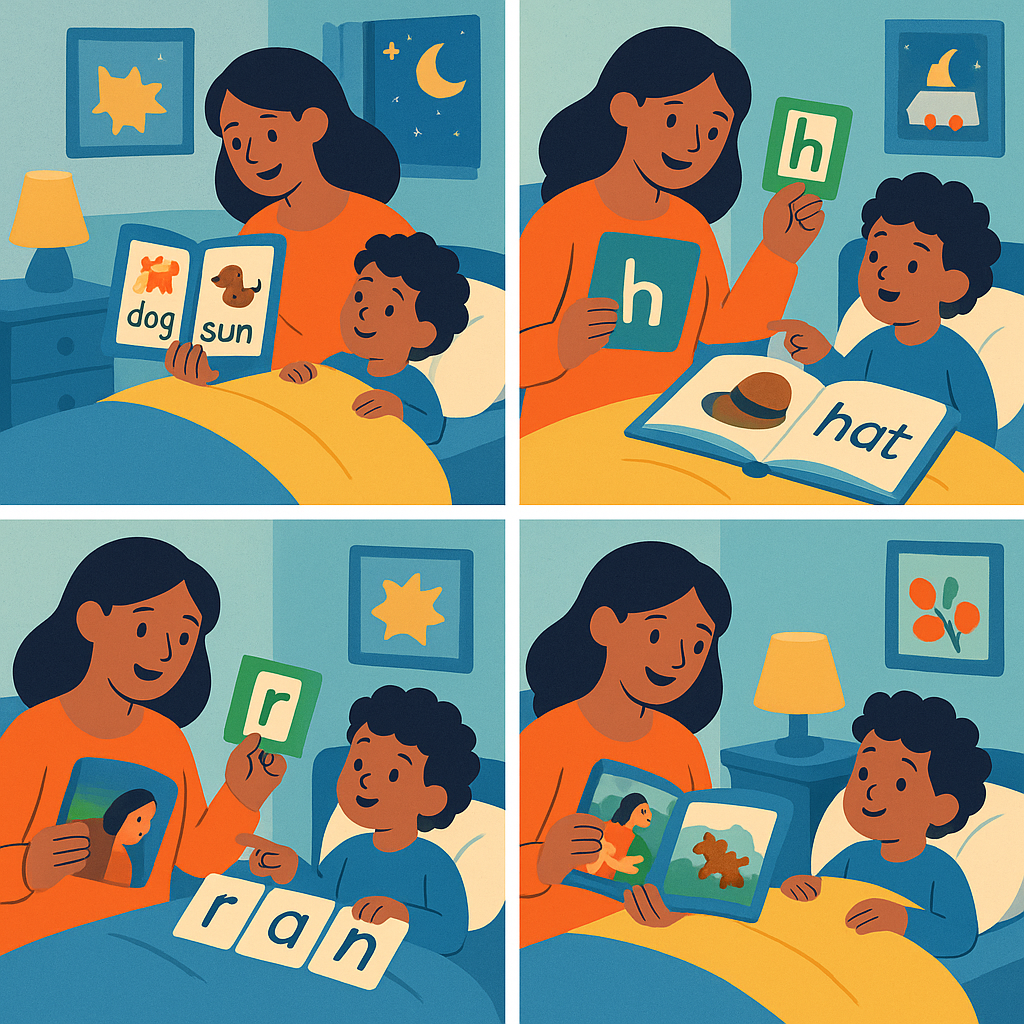 Parent and child engaging in a phonics mini-game at bedtime